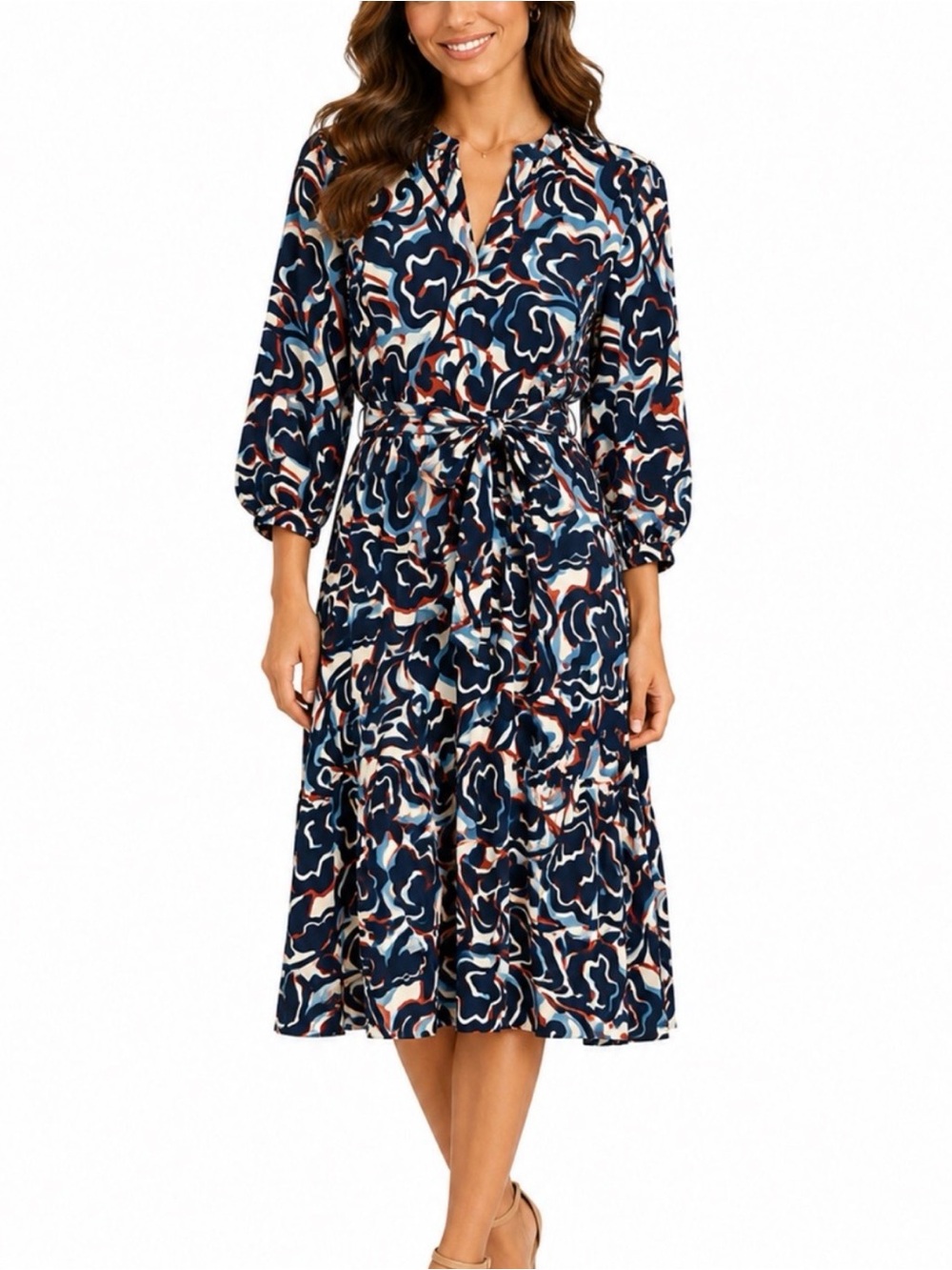 J. McLaughlin Navy Abstract Floral Tie-Waist Midi Dress